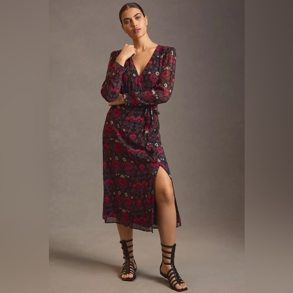 PAIGE Dresses & Skirts - PAIGE Ledara Floral Silk Long Sleeve Faux Wrap Midi Dress in Black Multi Sz XS
